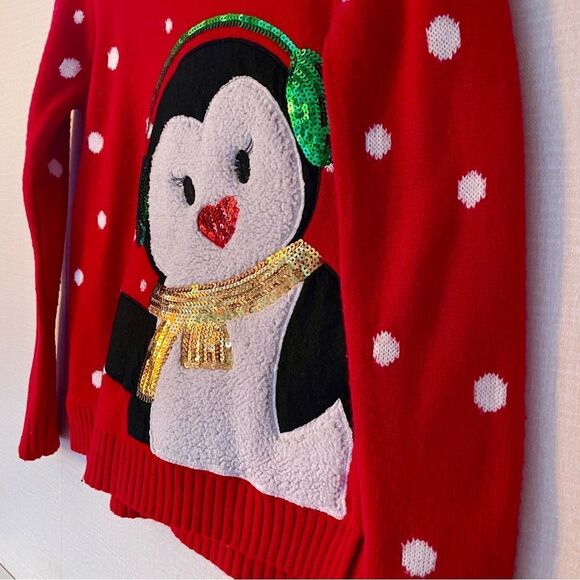 Penguin Plush Appliqué Crewneck Girl’s Red Christmas Sweater, White Polk… - Picture 6 of 10